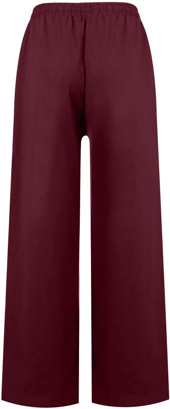 Wide Leg Linen Pants Women Summer Elastic High Waisted Palazzo Pants Side Slit Casual Work Beach Trousers with Pocket