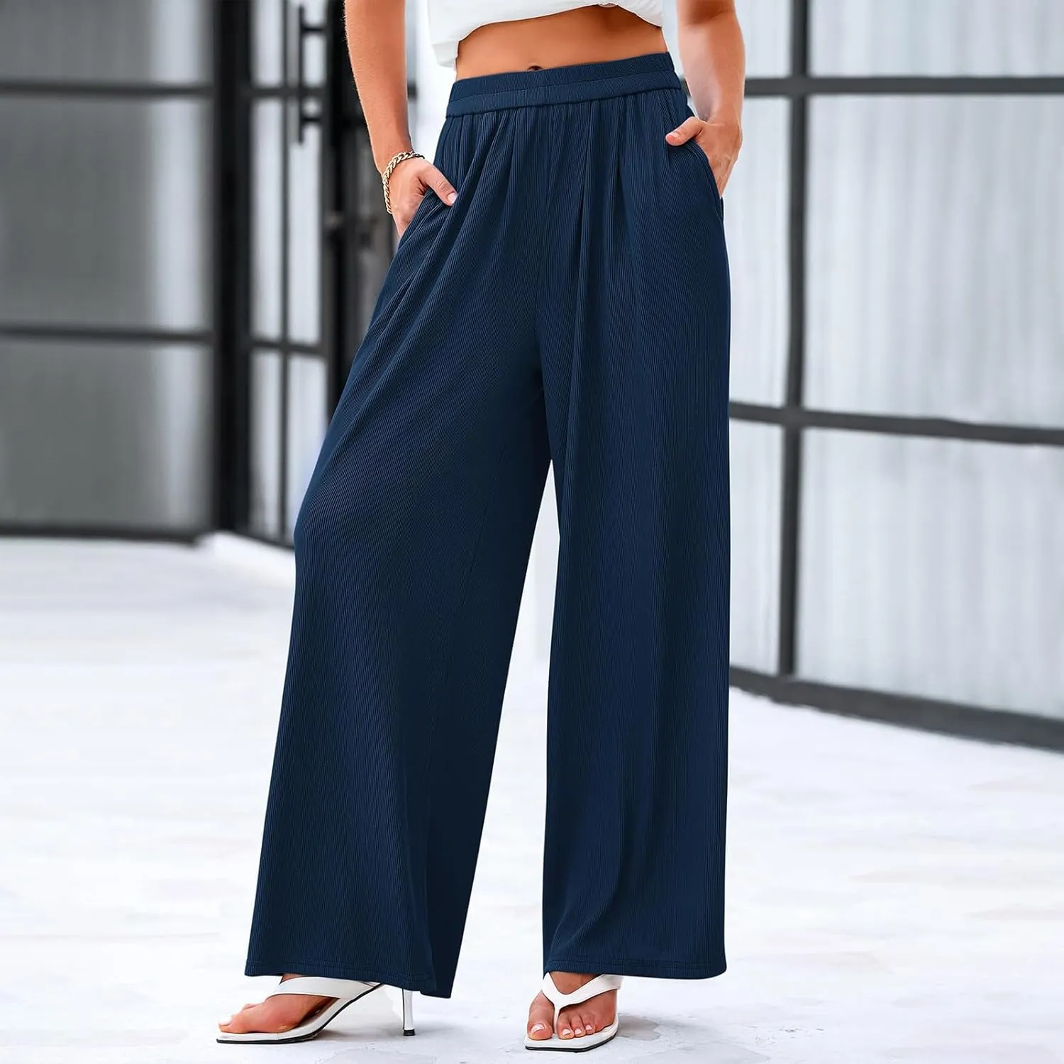 Wide Leg Pants for Women Casual Elastic High Waist Trousers Solid Comfy Lounge Slacks Summer Beach Vacation Clothes