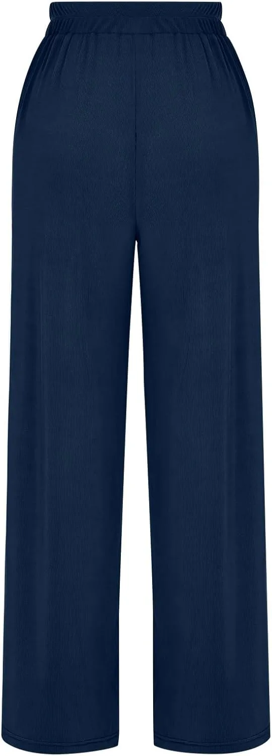 Wide Leg Pants for Women Casual Elastic High Waist Trousers Solid Comfy Lounge Slacks Summer Beach Vacation Clothes