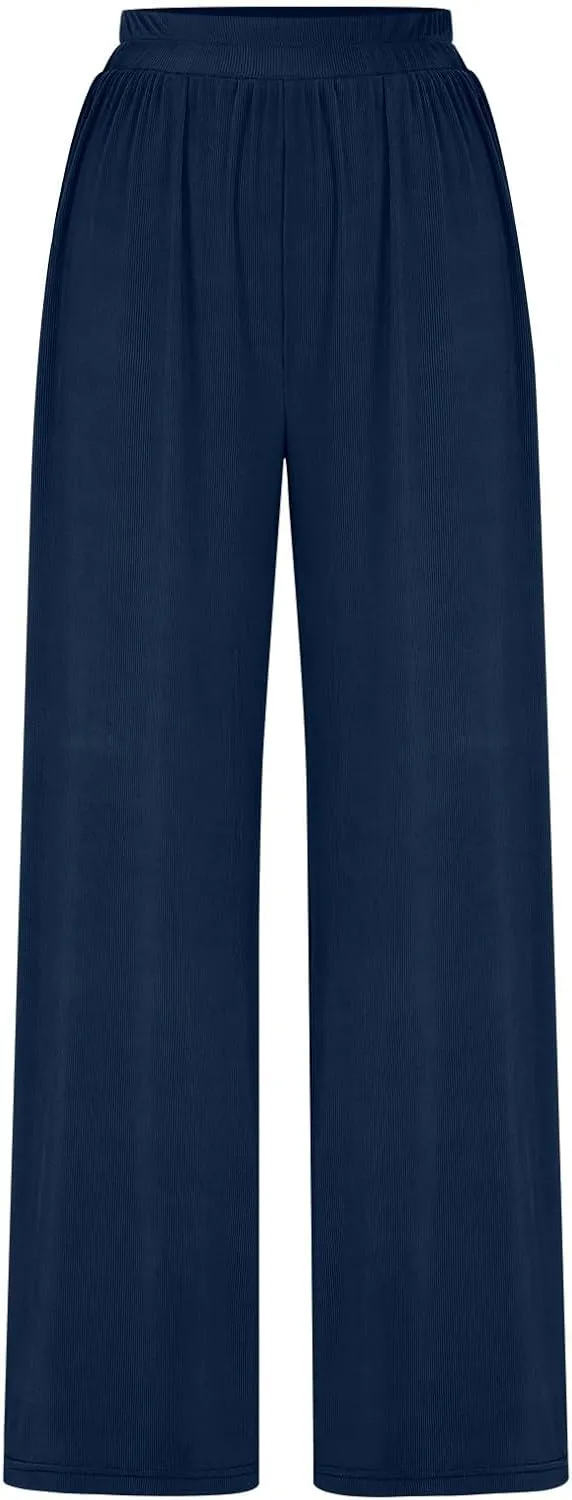 Wide Leg Pants for Women Casual Elastic High Waist Trousers Solid Comfy Lounge Slacks Summer Beach Vacation Clothes