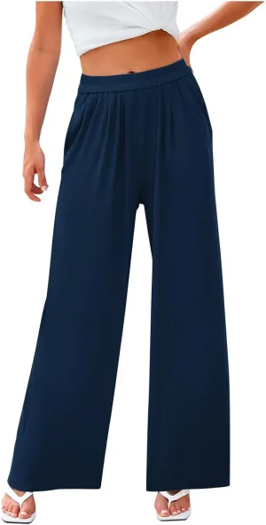 Wide Leg Pants for Women Casual Elastic High Waist Trousers Solid Comfy Lounge Slacks Summer Beach Vacation Clothes