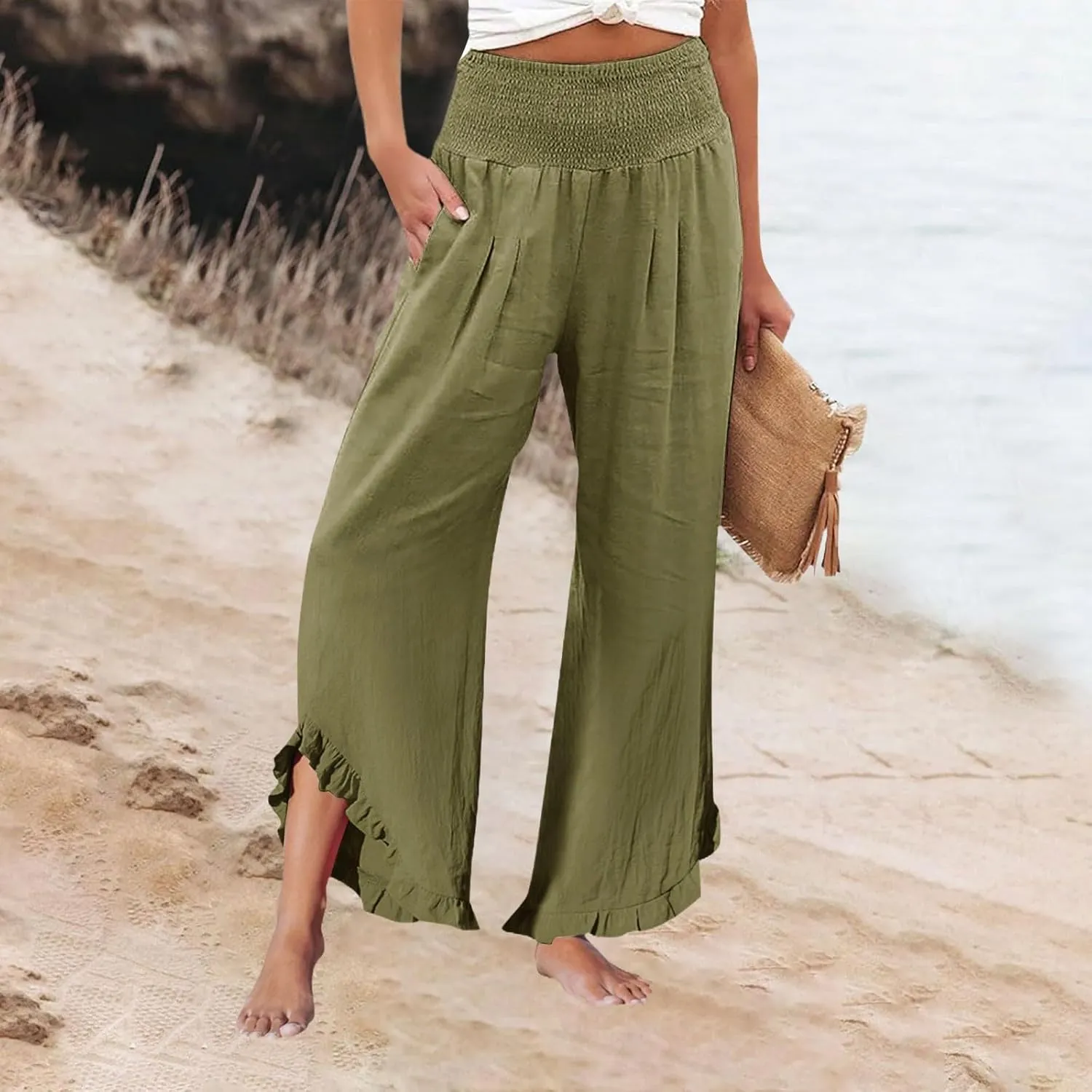 Wide Leg Pants Woman Elastic Waist High Waisted Smocked Linen Pants with Pockets Flowy Casual Summer Womens Trousers
