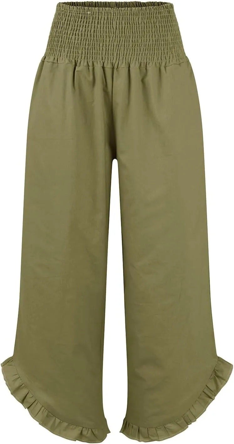 Wide Leg Pants Woman Elastic Waist High Waisted Smocked Linen Pants with Pockets Flowy Casual Summer Womens Trousers