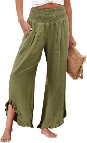 Wide Leg Pants Woman Elastic Waist High Waisted Smocked Linen Pants with Pockets Flowy Casual Summer Womens Trousers