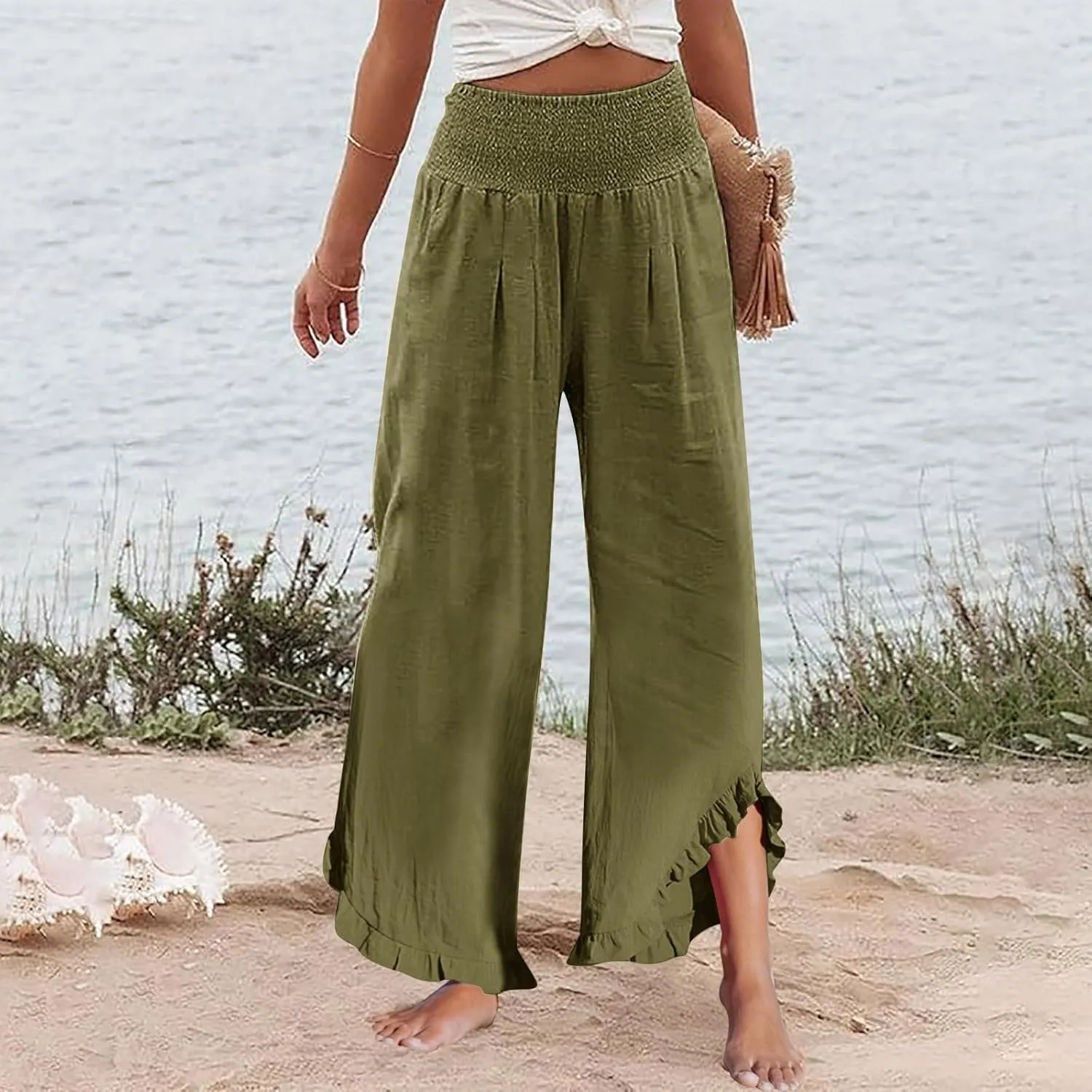 Wide Leg Pants Woman Elastic Waist High Waisted Smocked Linen Pants with Pockets Flowy Casual Summer Womens Trousers
