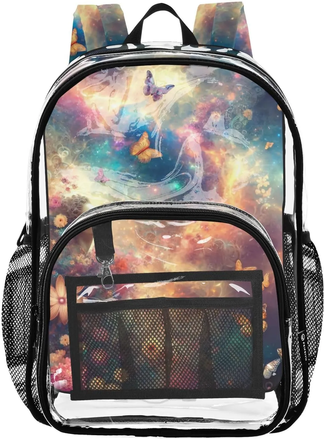 Woman Surrounded Artistic Butterflies Clear Plastic Backpack - Transparent PVC Heavy Duty Bag with Large Main Pocket and Mesh Pockets - Ideal for School, Travel, Outings - Clear Backpack for Ev