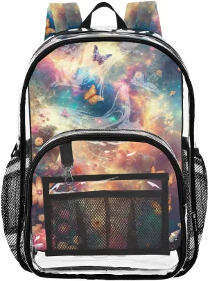 Woman Surrounded Artistic Butterflies Clear Plastic Backpack - Transparent PVC Heavy Duty Bag with Large Main Pocket and Mesh Pockets - Ideal for School, Travel, Outings - Clear Backpack for Ev