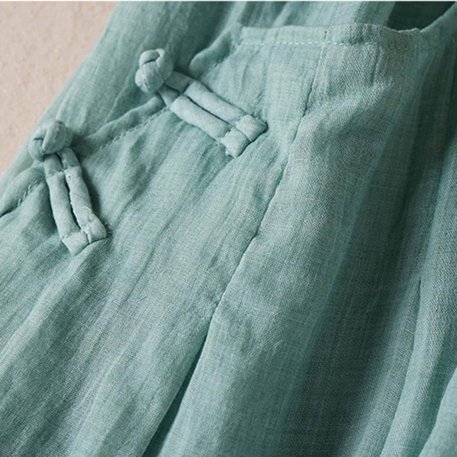 Women Chinese Frog Button Trim Cotton Linen Palazzo Trousers Summer Fashion Casual Elastic High Waist Wide Leg Pants