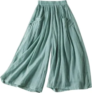 Women Chinese Frog Button Trim Cotton Linen Palazzo Trousers Summer Fashion Casual Elastic High Waist Wide Leg Pants