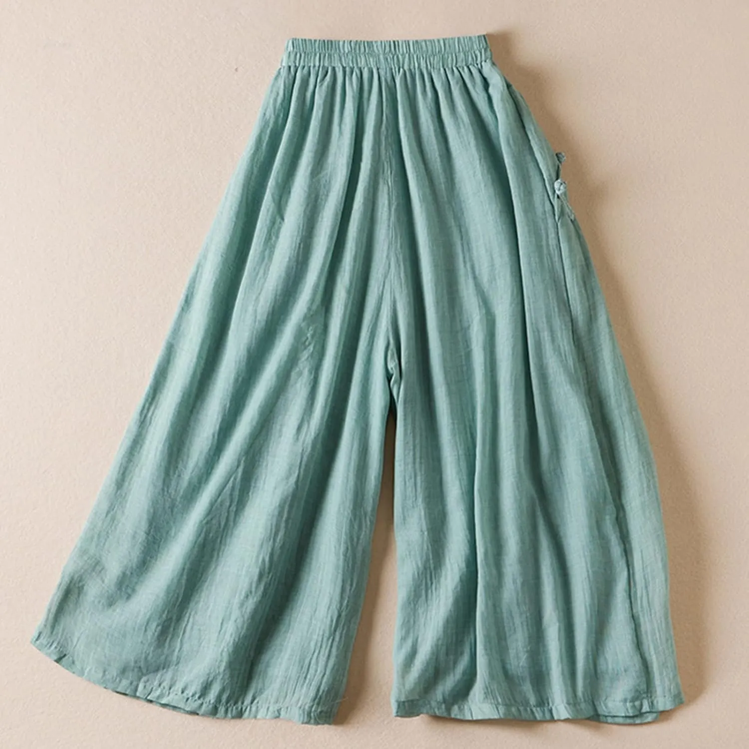 Women Chinese Frog Button Trim Cotton Linen Palazzo Trousers Summer Fashion Casual Elastic High Waist Wide Leg Pants