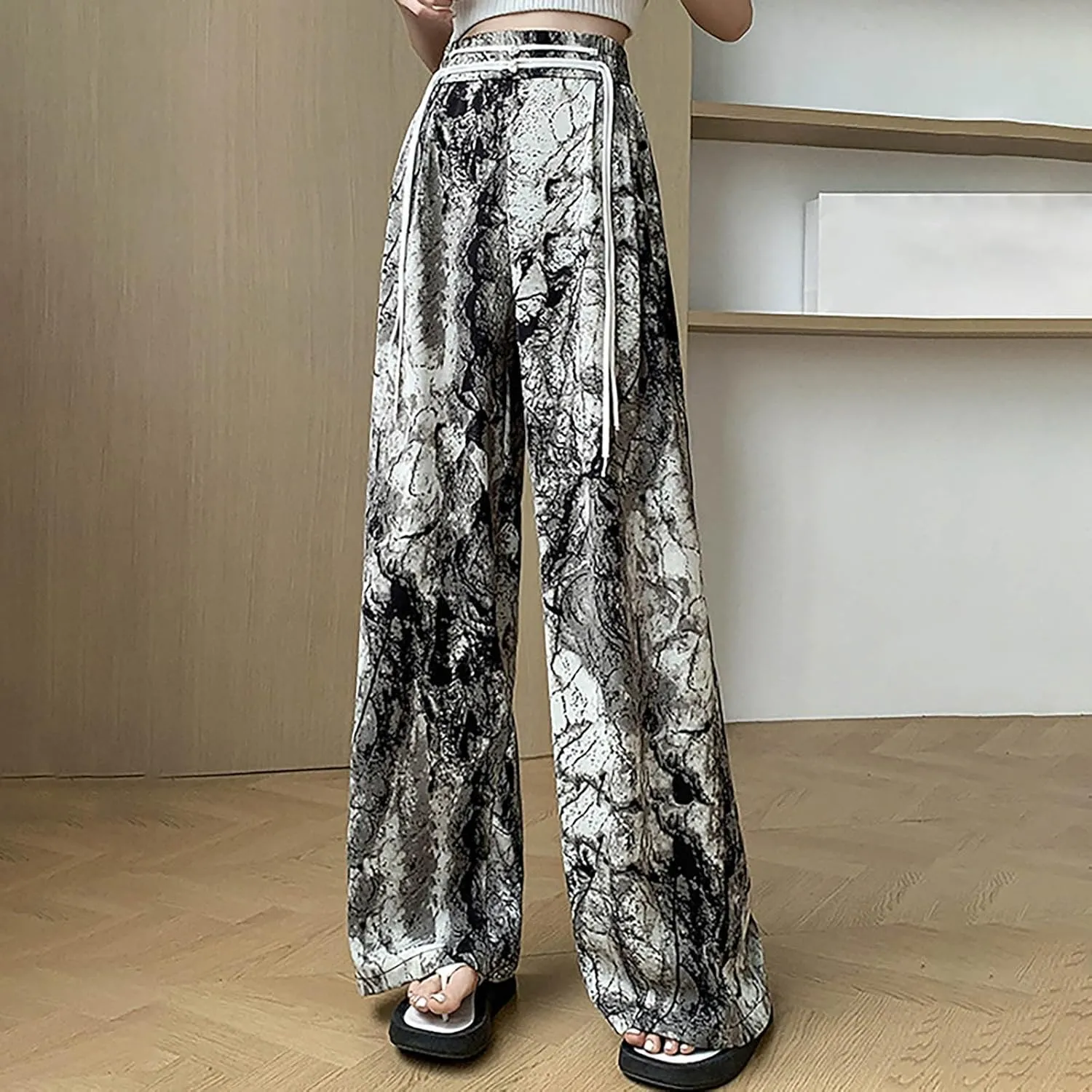 Women Chinese Style Wide Leg Pants Chinese Frog Button Drawstring High Waist Trouser Vintage Print Casual Flowy Pant