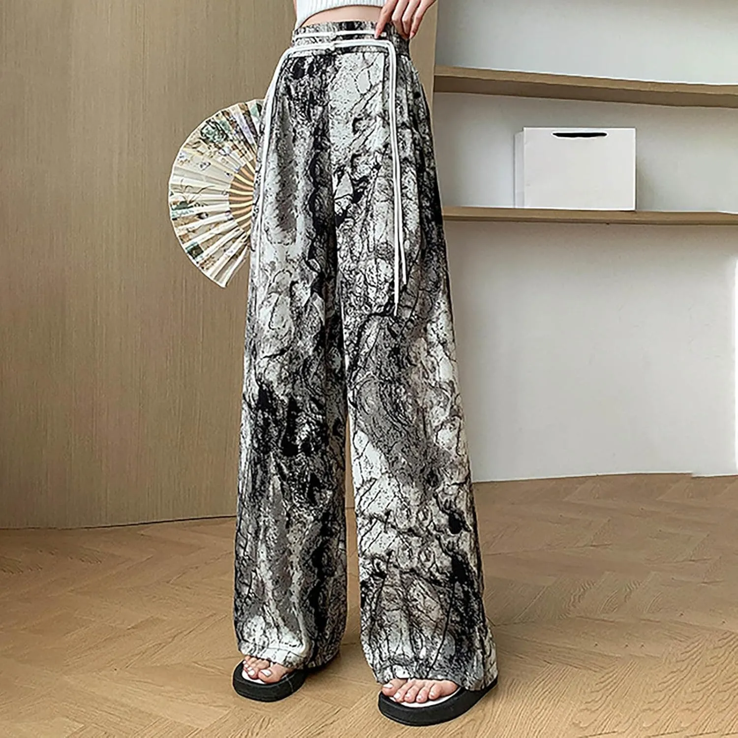 Women Chinese Style Wide Leg Pants Chinese Frog Button Drawstring High Waist Trouser Vintage Print Casual Flowy Pant