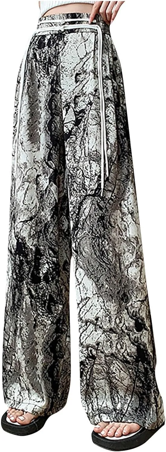 Women Chinese Style Wide Leg Pants Chinese Frog Button Drawstring High Waist Trouser Vintage Print Casual Flowy Pant