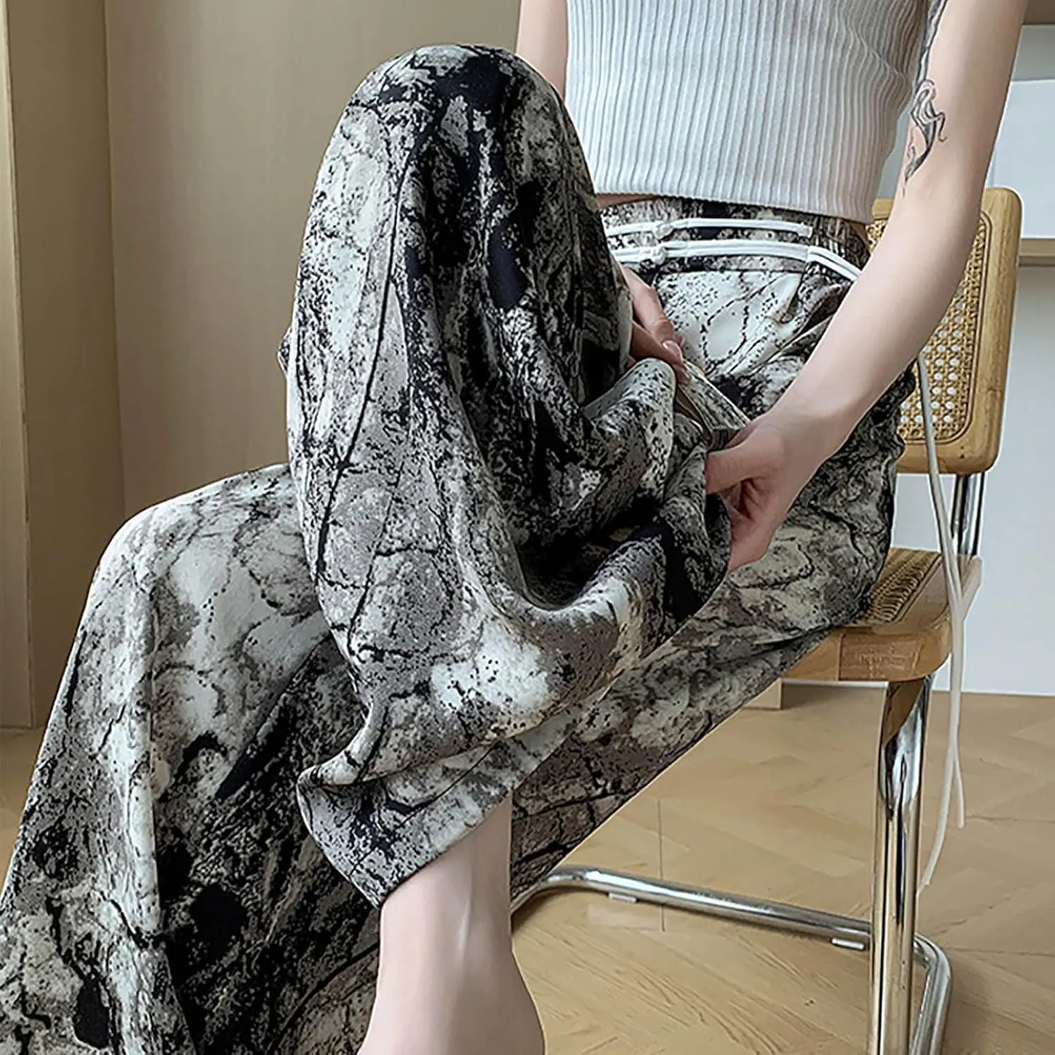 Women Chinese Style Wide Leg Pants Chinese Frog Button Drawstring High Waist Trouser Vintage Print Casual Flowy Pant