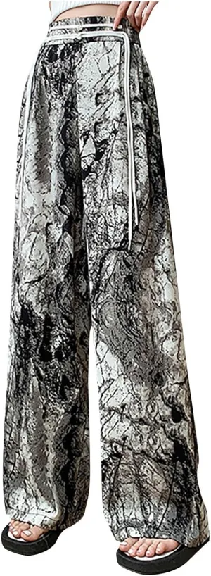 Women Chinese Style Wide Leg Pants Chinese Frog Button Drawstring High Waist Trouser Vintage Print Casual Flowy Pant