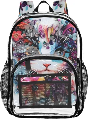 Women Clear Backpack Cute Kids Girls Backpack Boys Pvc School Plastic Bookbag Colorful Floral Cat Artistic Print