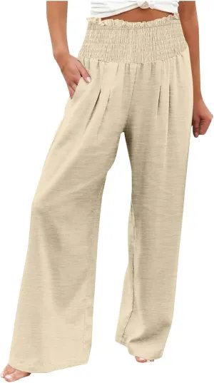 Women Cotton Gaucho Pants Loose Stretchy High Waist Trousers Summer Lightweight Baggy Slacks Solid Home Lounge Outfit