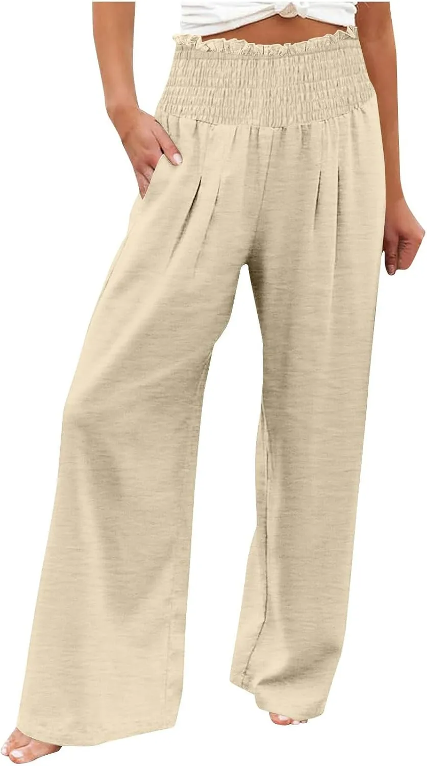 Women Cotton Gaucho Pants Loose Stretchy High Waist Trousers Summer Lightweight Baggy Slacks Solid Home Lounge Outfit
