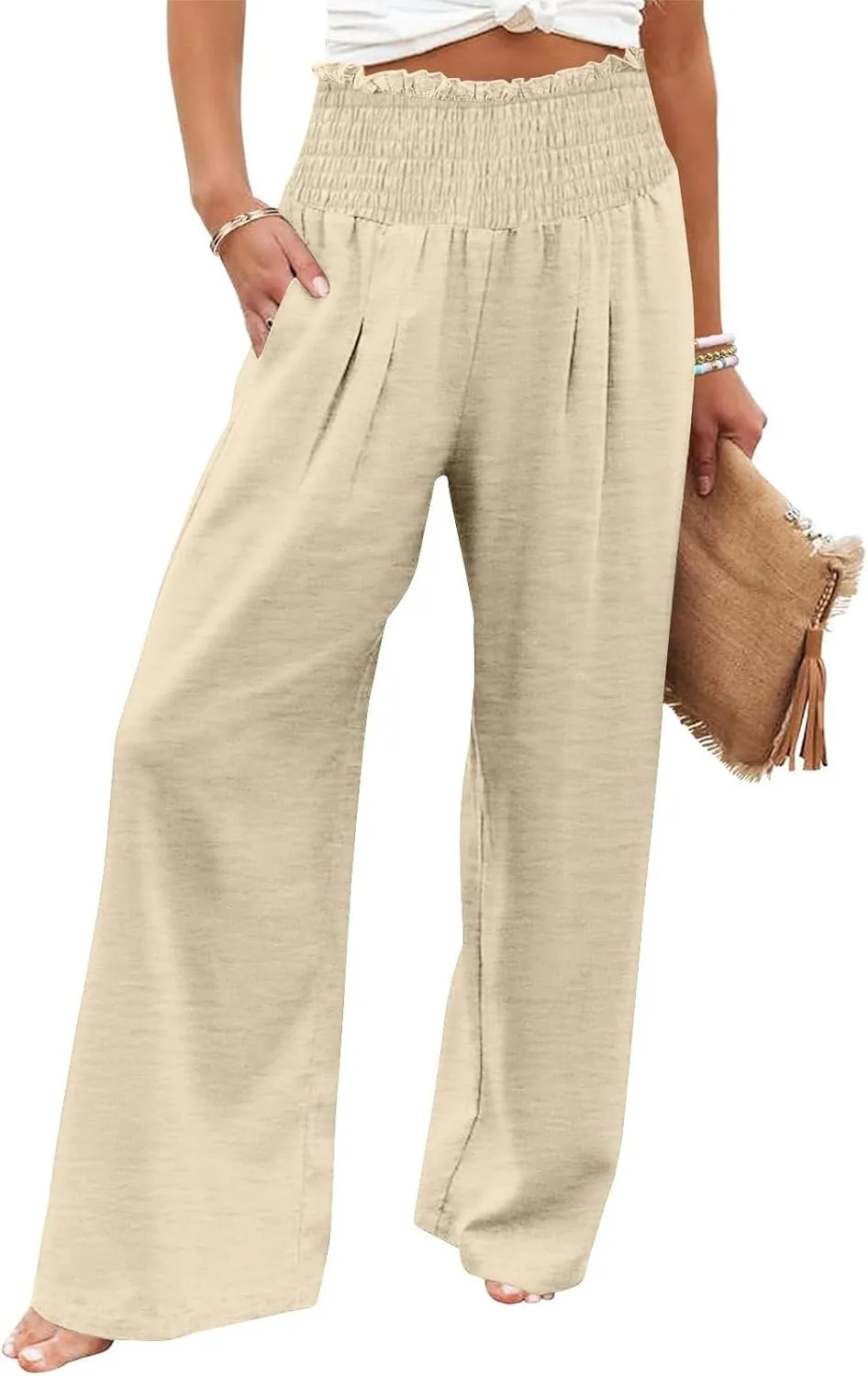 Women Cotton Gaucho Pants Loose Stretchy High Waist Trousers Summer Lightweight Baggy Slacks Solid Home Lounge Outfit