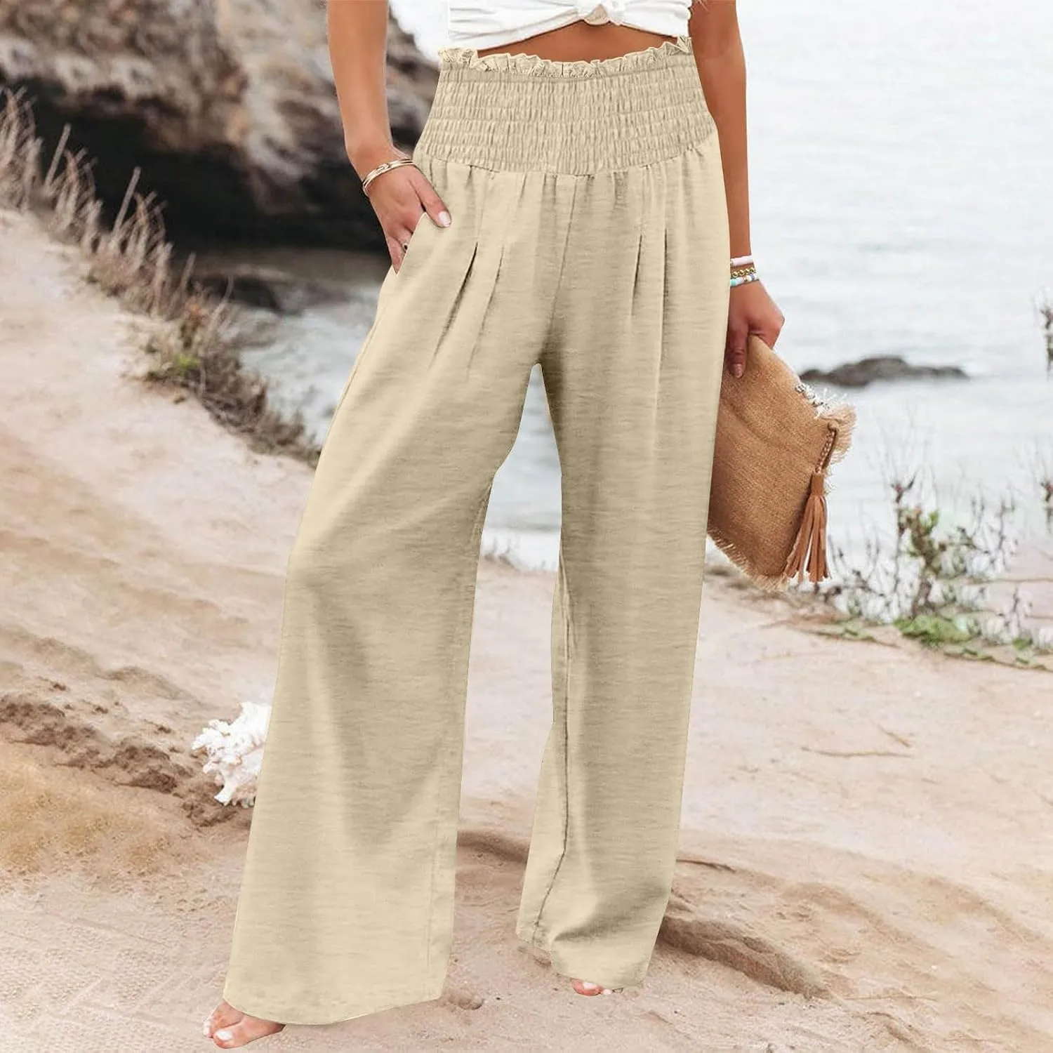 Women Cotton Gaucho Pants Loose Stretchy High Waist Trousers Summer Lightweight Baggy Slacks Solid Home Lounge Outfit