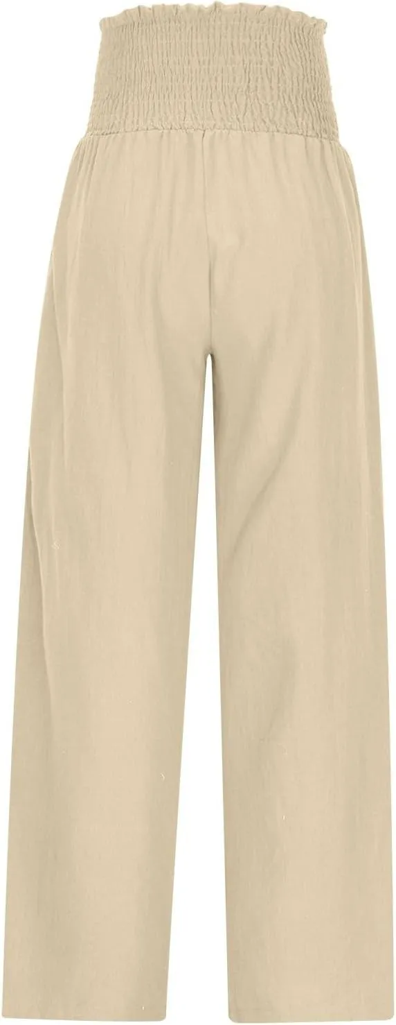 Women Cotton Gaucho Pants Loose Stretchy High Waist Trousers Summer Lightweight Baggy Slacks Solid Home Lounge Outfit