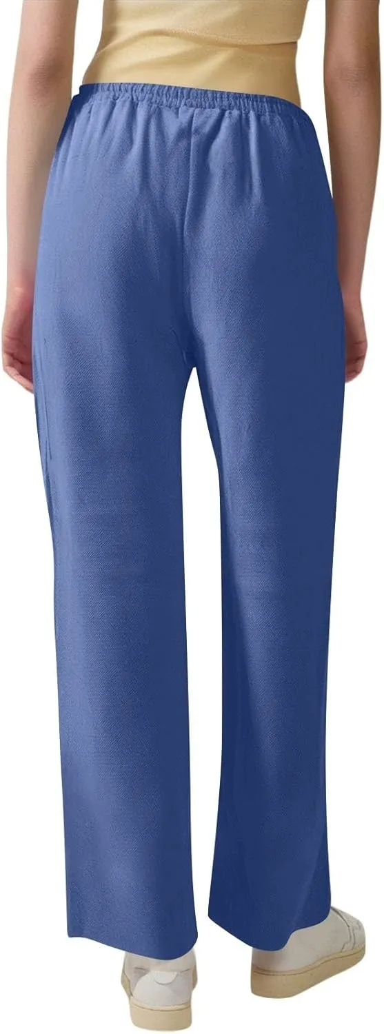 Women Cotton Linen Pants Casual Elastic Drawstring Straight Leg Pants Trousers with Pockets Summer Beach Lounge Pants