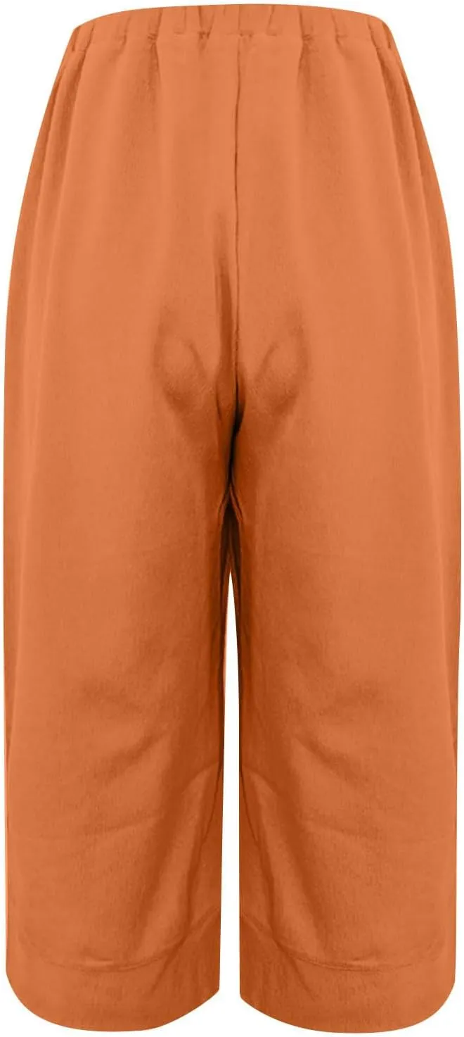 Women Cotton Linen Straight Leg Capri Pants, Lightweight Elastic Waist Summer Casual Trousers Summer Vacation Clothes
