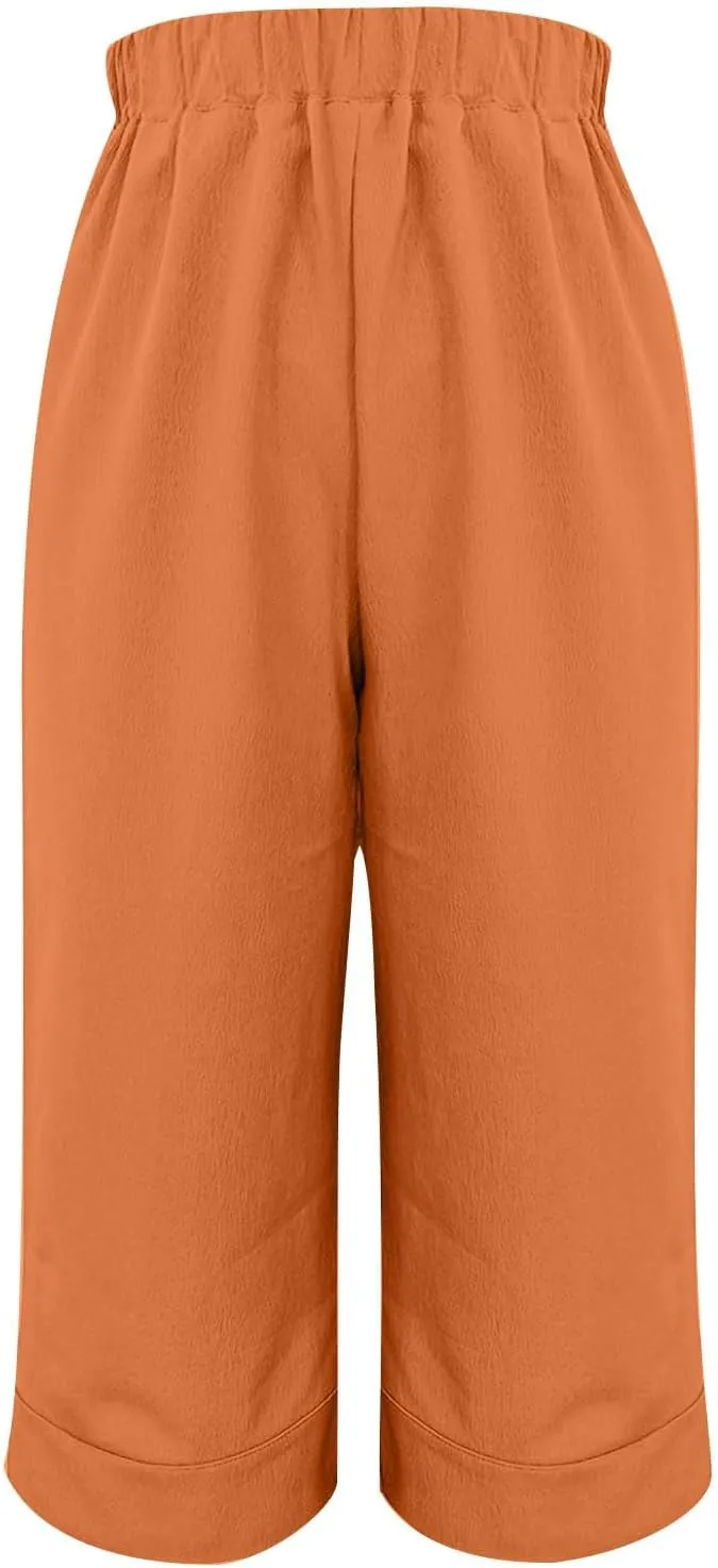 Women Cotton Linen Straight Leg Capri Pants, Lightweight Elastic Waist Summer Casual Trousers Summer Vacation Clothes