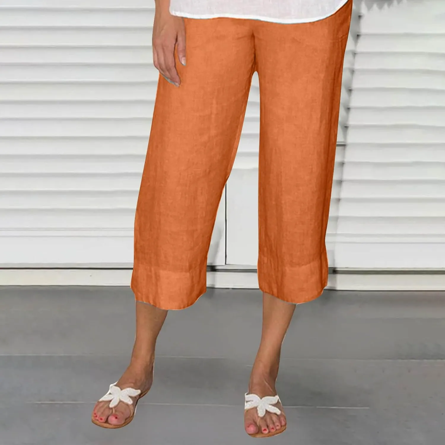 Women Cotton Linen Straight Leg Capri Pants, Lightweight Elastic Waist Summer Casual Trousers Summer Vacation Clothes