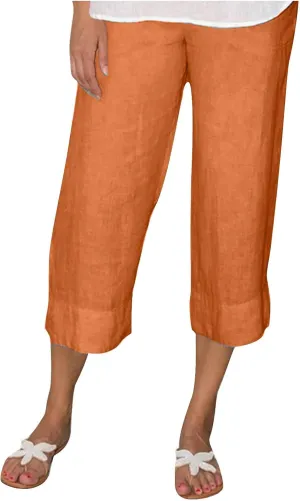 Women Cotton Linen Straight Leg Capri Pants, Lightweight Elastic Waist Summer Casual Trousers Summer Vacation Clothes