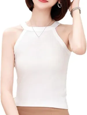 Women Crew Neck Cropped Tank Top Summer Sleeveless Knitted Camisole Vacation Beach Vest