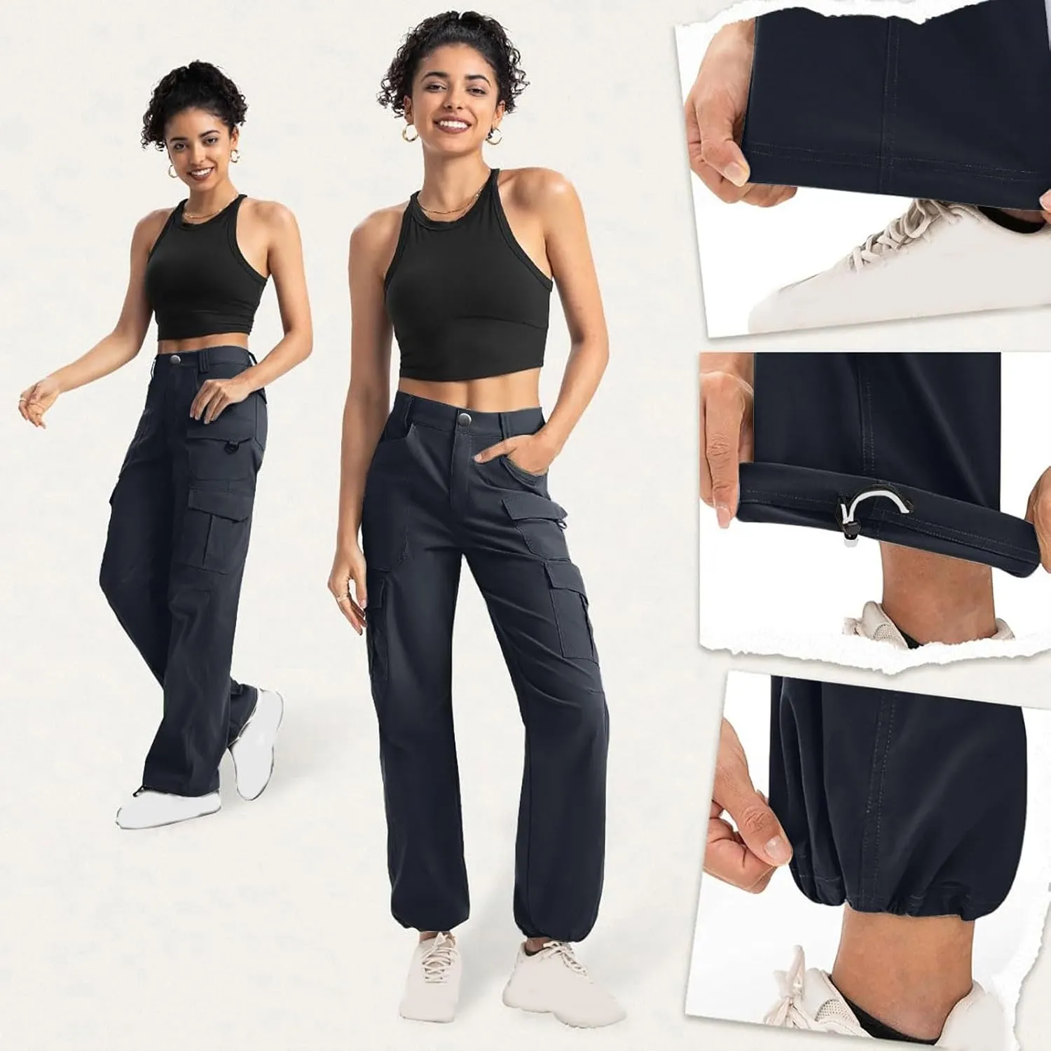 Women Dressy Cargo Pants Button High Waist Wide Leg Work Pant Lightweight Casual Outdoor Hiking Trouser with Pockets