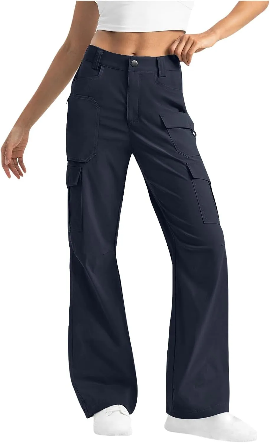 Women Dressy Cargo Pants Button High Waist Wide Leg Work Pant Lightweight Casual Outdoor Hiking Trouser with Pockets