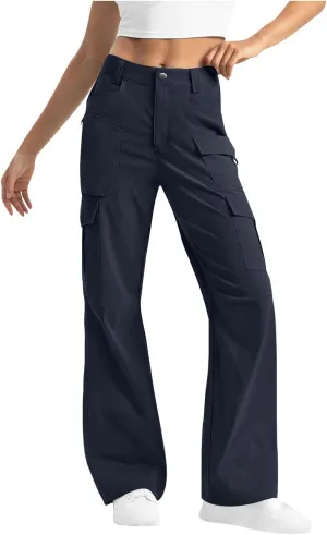 Women Dressy Cargo Pants Button High Waist Wide Leg Work Pant Lightweight Casual Outdoor Hiking Trouser with Pockets