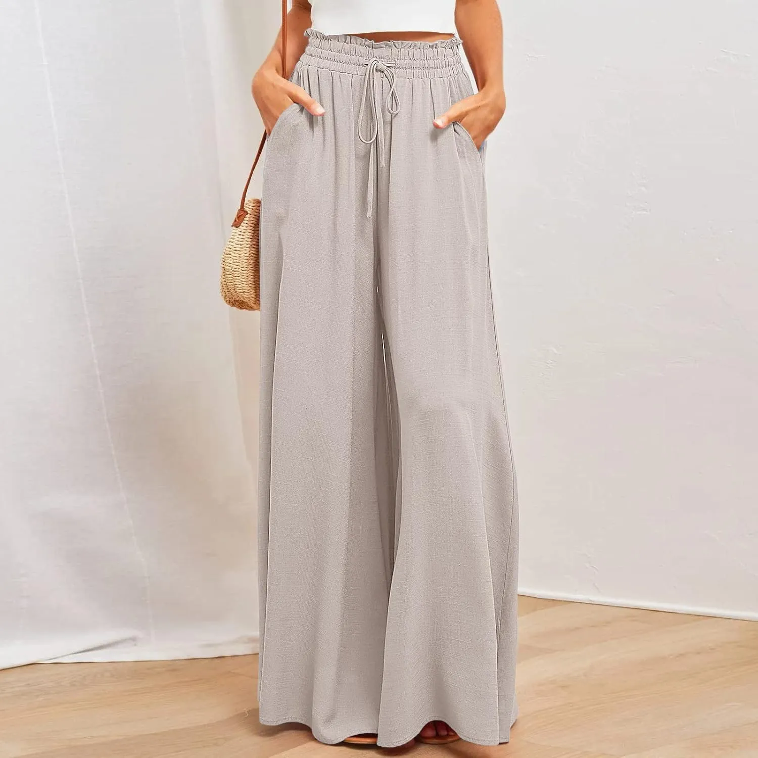 Women High Waist Wide Leg Palazzo Pants Dressy Casual Flowy Pants Loose 2024 Fall Long Lounge Trousers with Pockets