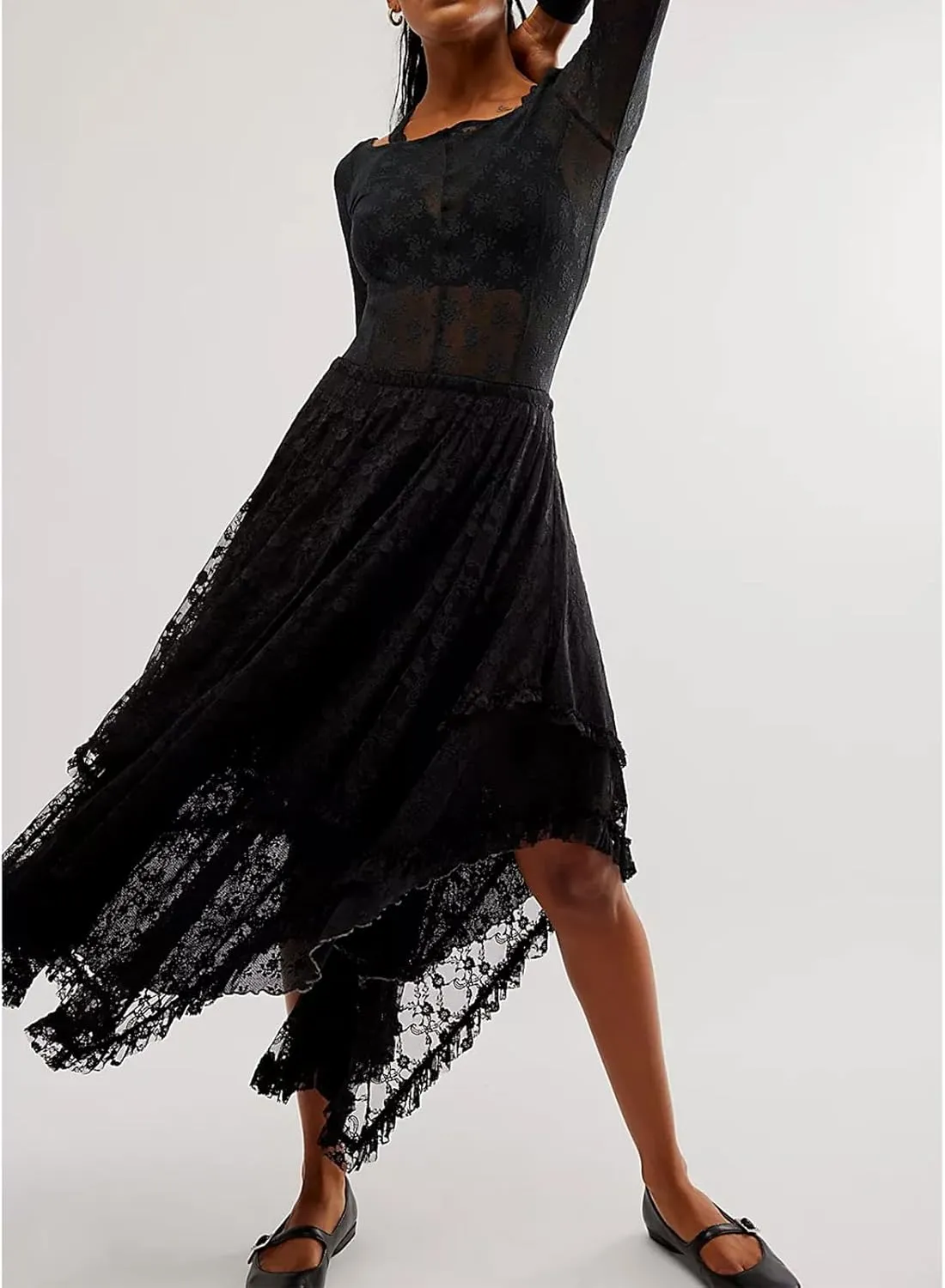 Women Lace Long Skirt High Waist Ruffle Irregular Hem Layered Skirt Solid Sheer Y2k Summer Outfit