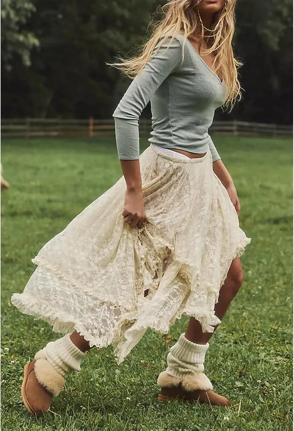 Women Lace Long Skirt High Waist Ruffle Irregular Hem Layered Skirt Solid Sheer Y2k Summer Outfit