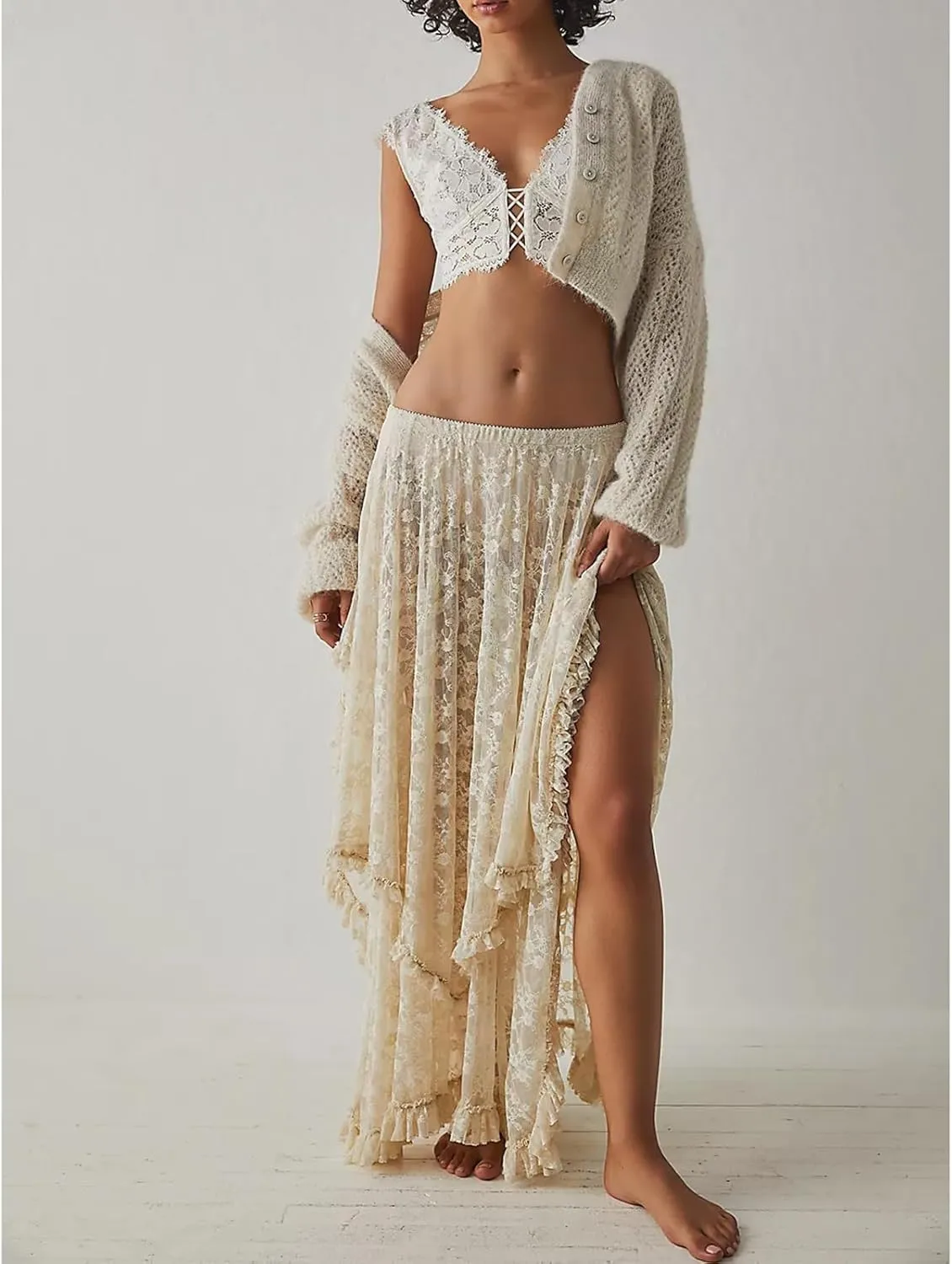 Women Lace Long Skirt High Waist Ruffle Irregular Hem Layered Skirt Solid Sheer Y2k Summer Outfit