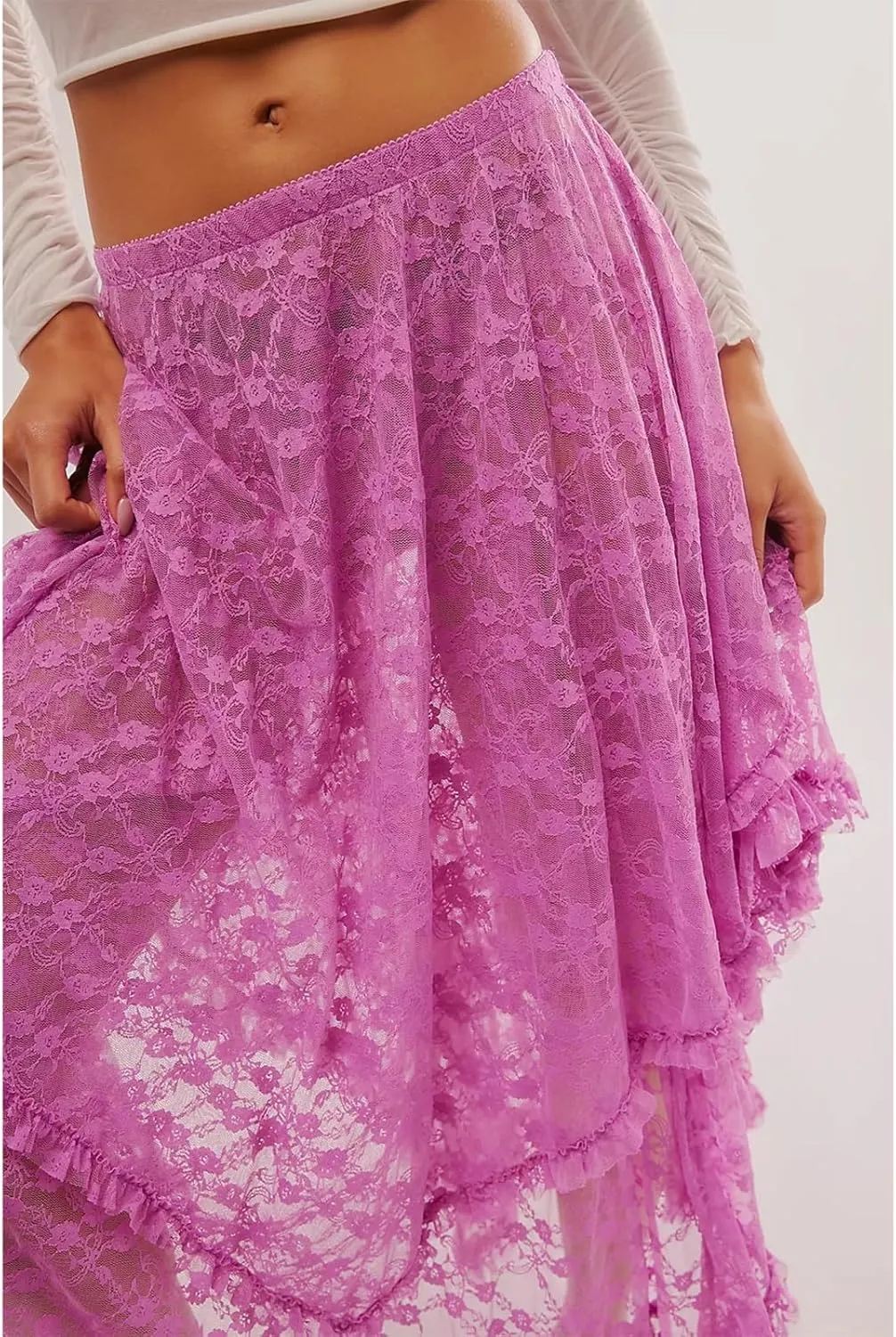 Women Lace Long Skirt High Waist Ruffle Irregular Hem Layered Skirt Solid Sheer Y2k Summer Outfit