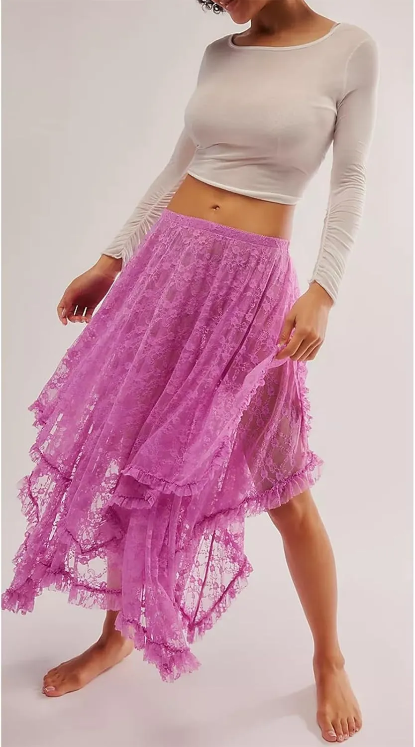 Women Lace Long Skirt High Waist Ruffle Irregular Hem Layered Skirt Solid Sheer Y2k Summer Outfit