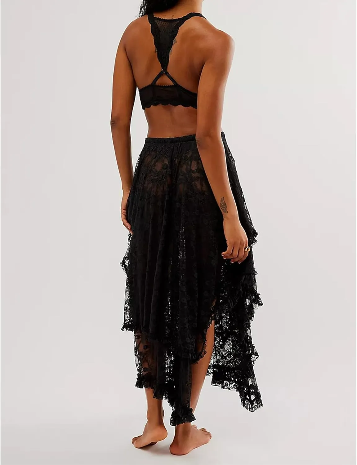 Women Lace Long Skirt High Waist Ruffle Irregular Hem Layered Skirt Solid Sheer Y2k Summer Outfit