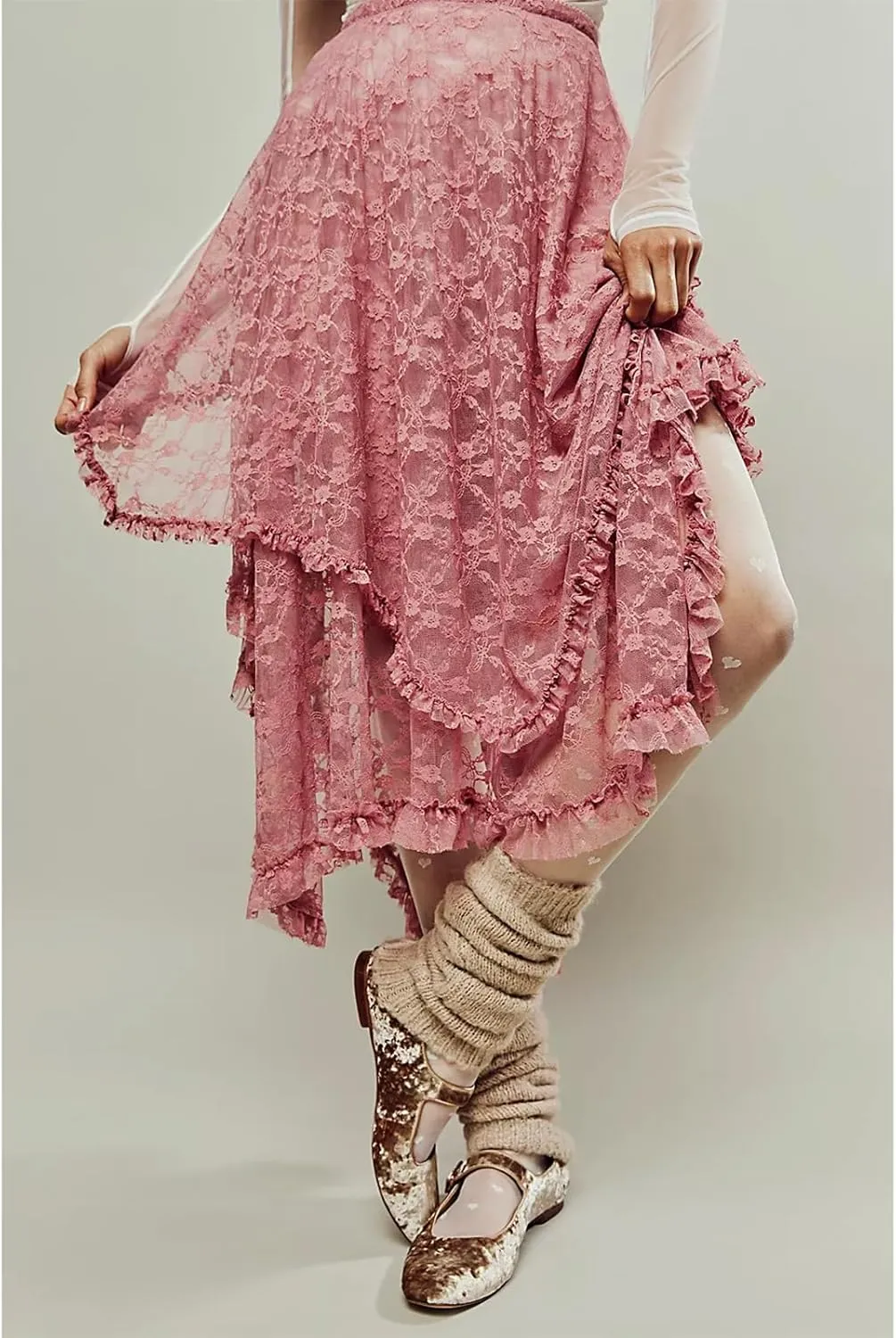 Women Lace Long Skirt High Waist Ruffle Irregular Hem Layered Skirt Solid Sheer Y2k Summer Outfit