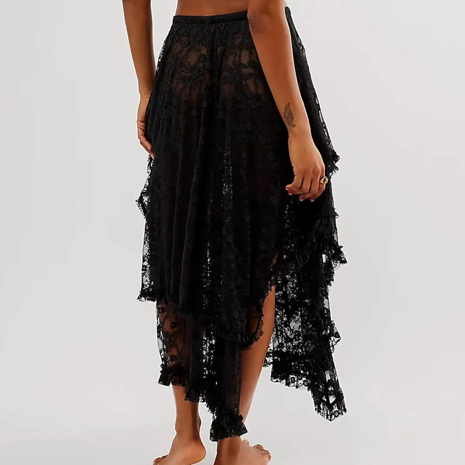 Women Lace Long Skirt High Waist Ruffle Irregular Hem Layered Skirt Solid Sheer Y2k Summer Outfit