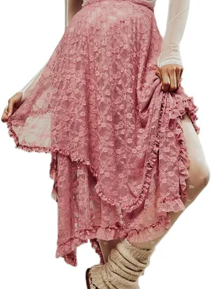 Women Lace Long Skirt High Waist Ruffle Irregular Hem Layered Skirt Solid Sheer Y2k Summer Outfit