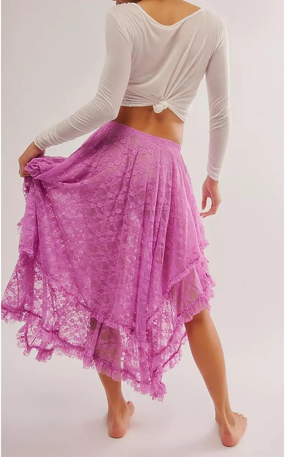 Women Lace Long Skirt High Waist Ruffle Irregular Hem Layered Skirt Solid Sheer Y2k Summer Outfit