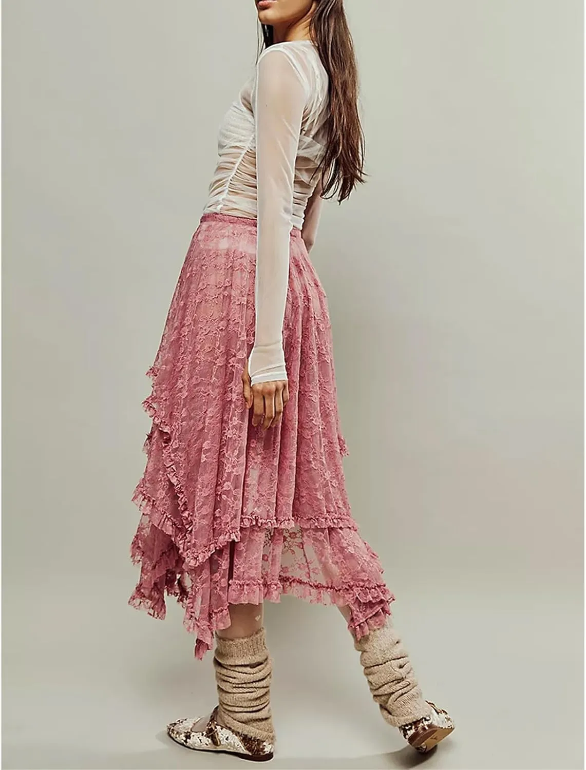 Women Lace Long Skirt High Waist Ruffle Irregular Hem Layered Skirt Solid Sheer Y2k Summer Outfit
