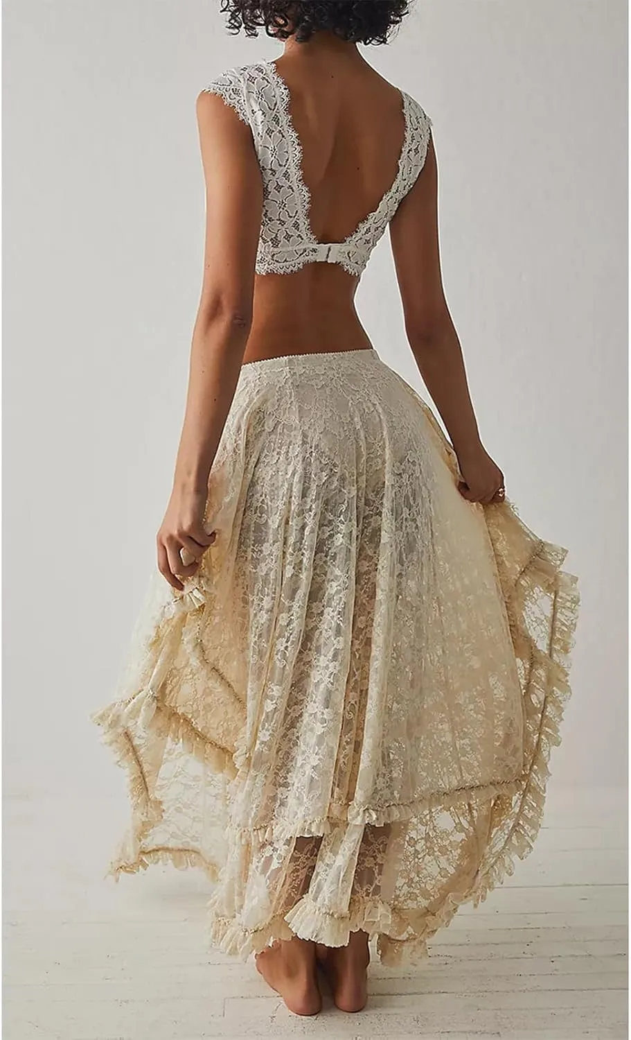 Women Lace Long Skirt High Waist Ruffle Irregular Hem Layered Skirt Solid Sheer Y2k Summer Outfit