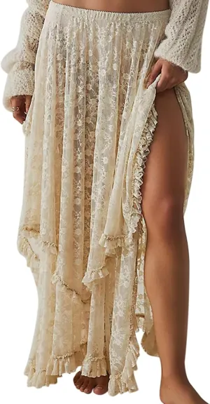Women Lace Long Skirt High Waist Ruffle Irregular Hem Layered Skirt Solid Sheer Y2k Summer Outfit