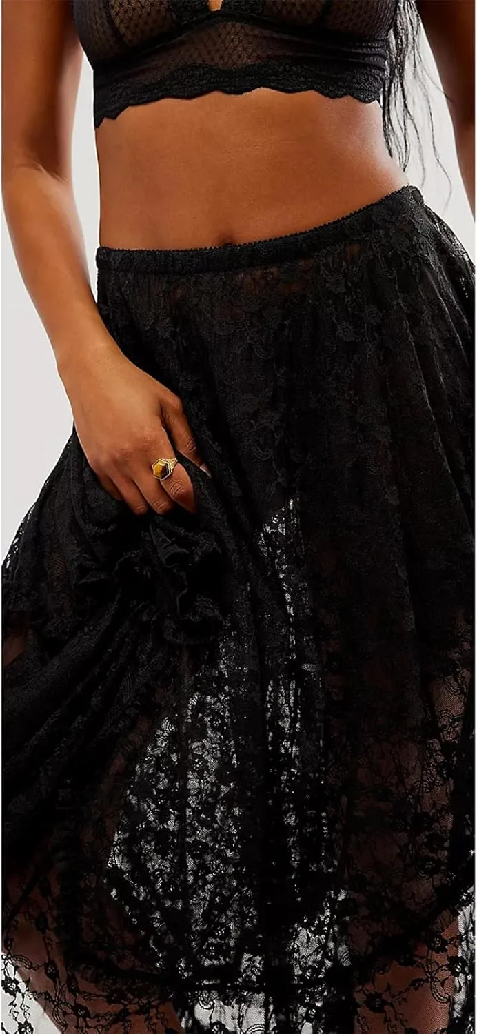 Women Lace Long Skirt High Waist Ruffle Irregular Hem Layered Skirt Solid Sheer Y2k Summer Outfit
