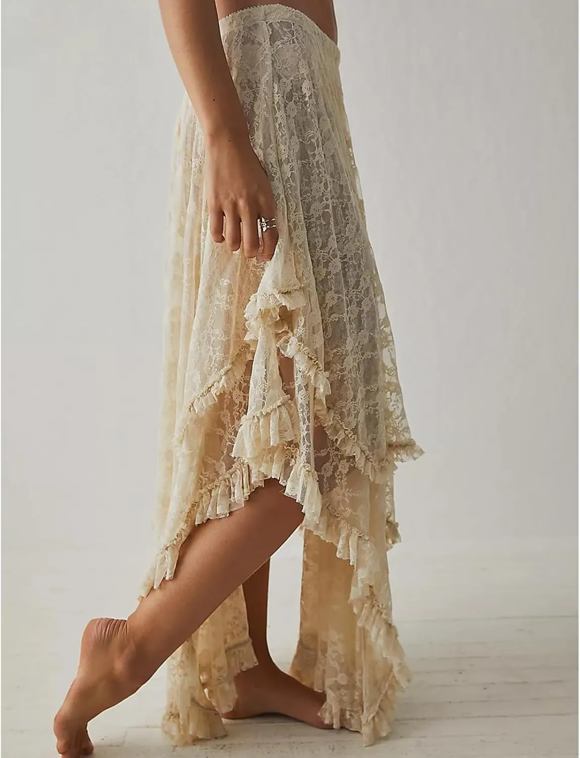 Women Lace Long Skirt High Waist Ruffle Irregular Hem Layered Skirt Solid Sheer Y2k Summer Outfit